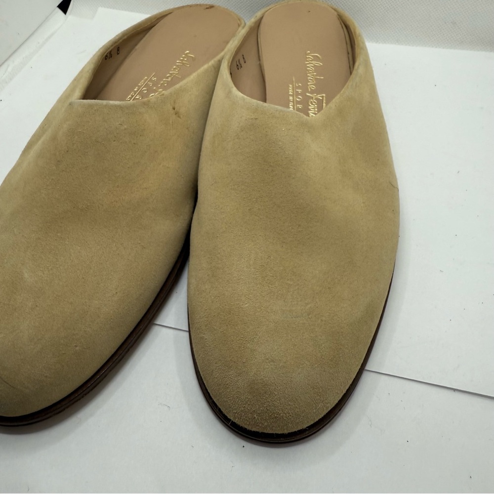 Salvatore Ferragamo Sport Khaki Light Tan Suede Mule Loafer Slip-On Flats - Picture 4 of 9